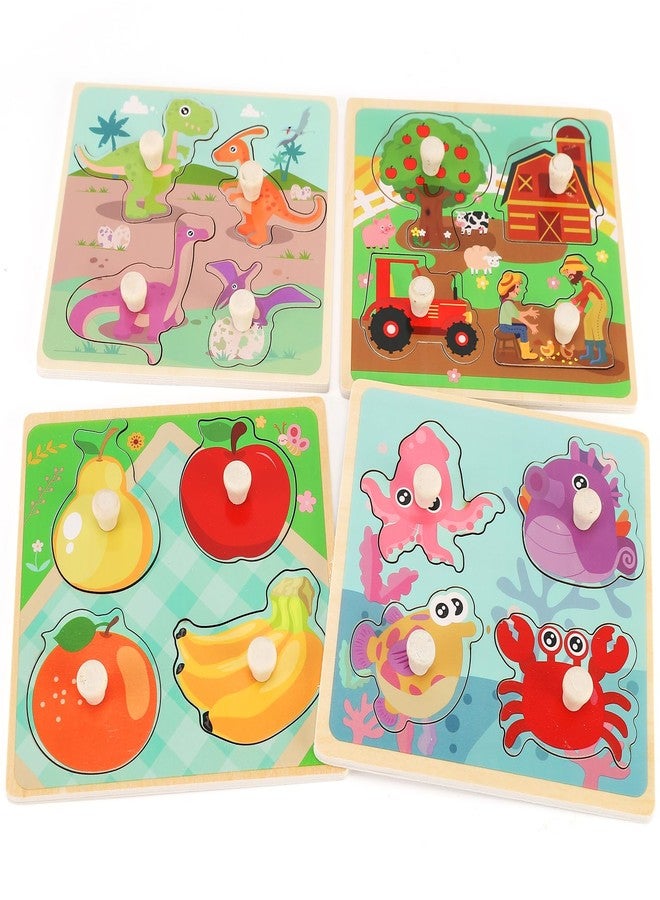 Slotic Wooden Peg Puzzles for Toddlers 1-3, Kids' Educational Preschool Peg Puzzle Toy, Set of 4 Toddler Puzzles - Farm, Dinosaur, Fruit and Marine Animals, Ideal Gift for Ages 1 2 3 Boys and Girls - Image 1
